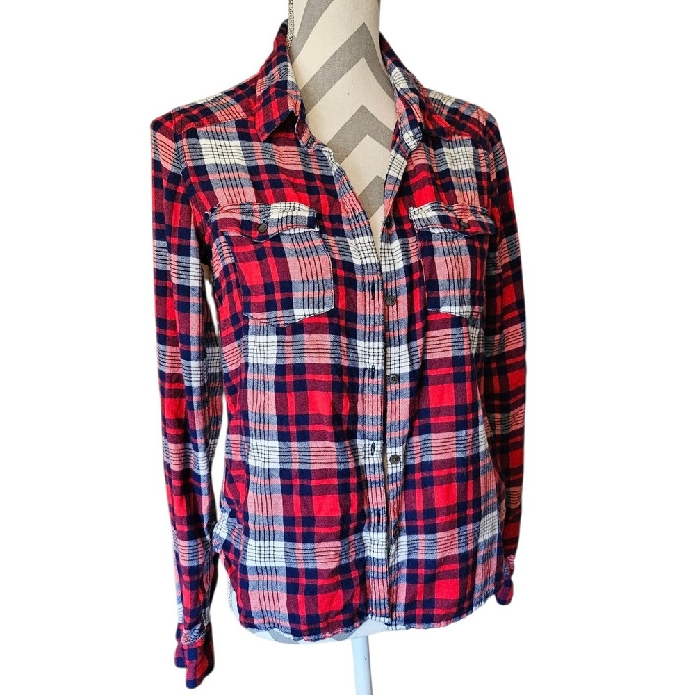 Roxy Plaid On You Red Navy Blue White Flannel Button Down Shirt Small Grunge